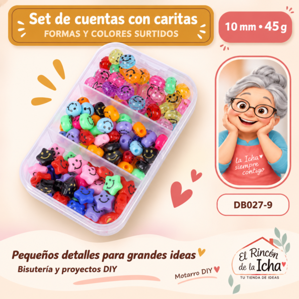 Set de cuentas con caritas – Formas y colores surtidos – 10 mm – 45 g
