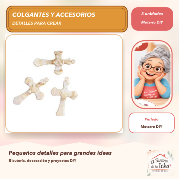 Set de 3 Colgantes Cruz Simple Acrílico tipo concha Perlado