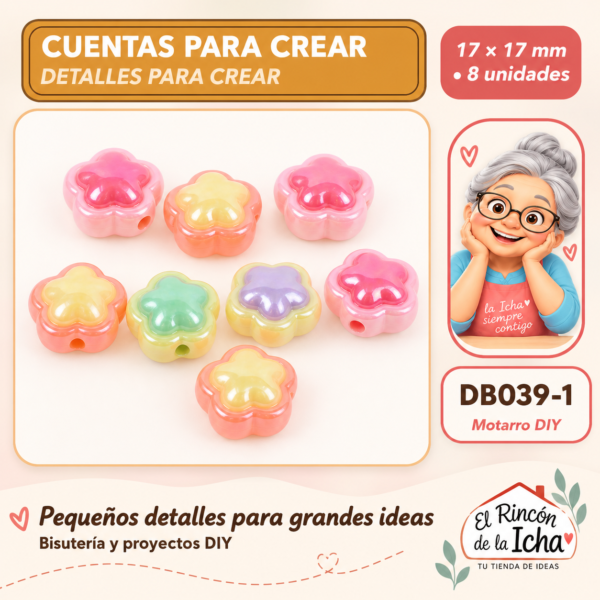 Cuentas irisadas bicolor – Flores – 17 × 17 mm – 8 unidades