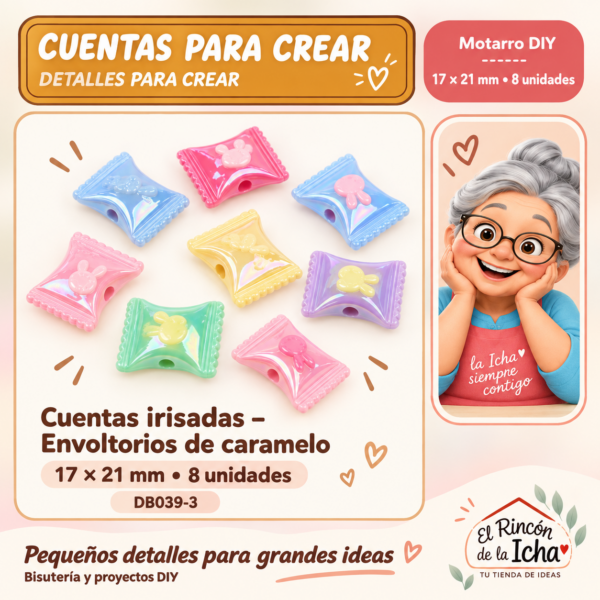 DB039-3 Cuentas irisadas – Envoltorios de caramelo – 17 × 21 mm – 8 unidades