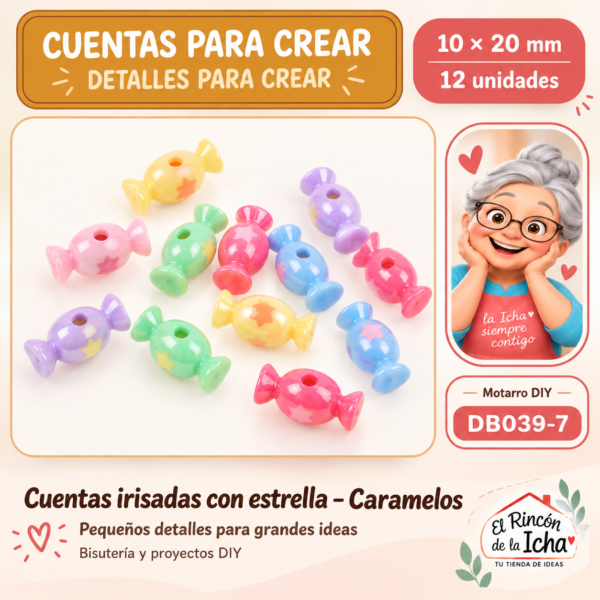Cuentas irisadas con estrella – Caramelos – 10 × 20 mm – 12 unidades