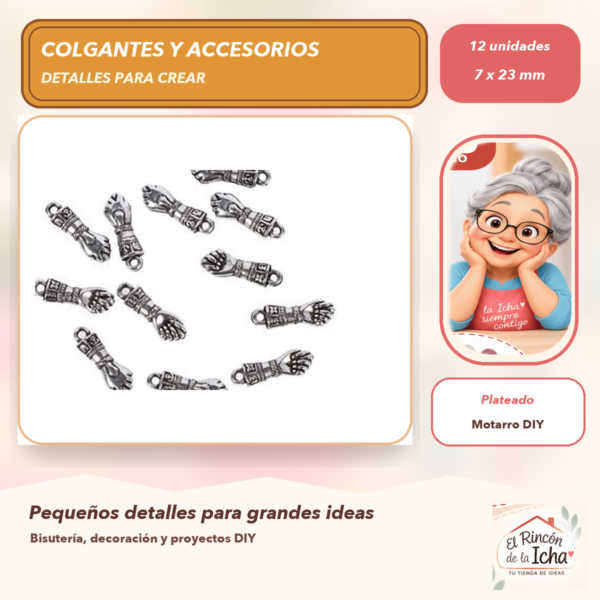 Set de 12 Colgantes Mano CCB Plateado 7 x 23 mm