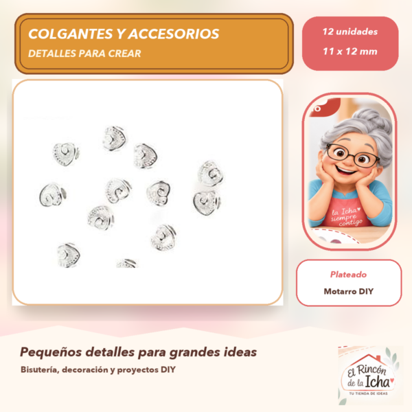 Set de 12 Colgantes Corazón CCB Plateado 11 x 12 mm