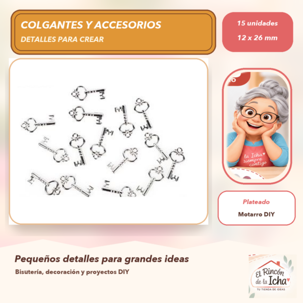 Set de 15 Colgantes Llave Calada CCB Plateado 12 x 26 mm