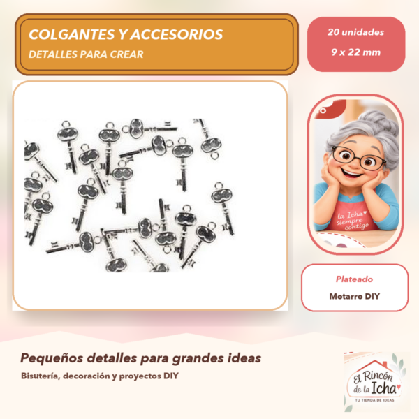 Set de 20 Colgantes Llave CCB Plateado 9 x 22 mm