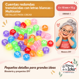 DB060-1 Cuentas redondas translúcidas con letras blancas – Multicolor – 5 × 10 mm – 15 g