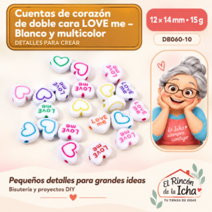 DB060-10 Cuentas de corazón de doble cara LOVE me – Blanco y multicolor – 12 × 14 mm – 15 g