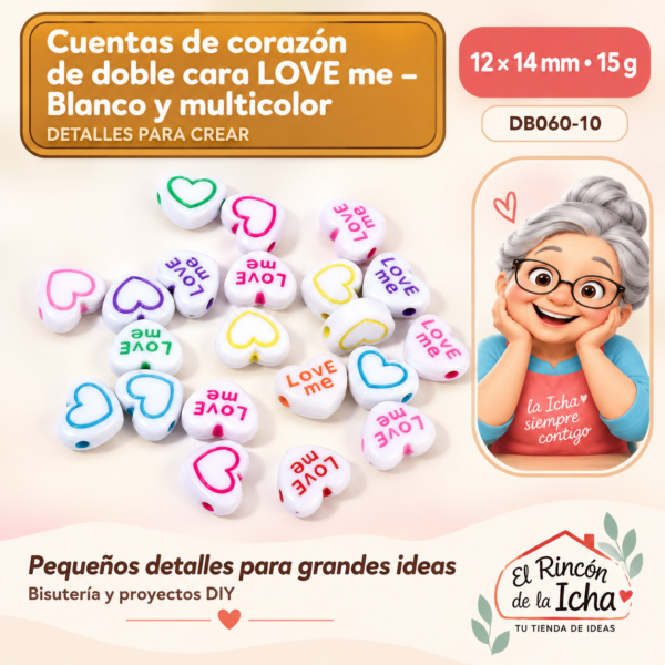 Cuentas de corazón de doble cara LOVE me – Blanco y multicolor – 12 × 14 mm – 15 g