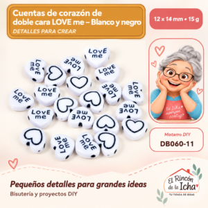 DB060-11 Cuentas de corazón de doble cara LOVE me – Blanco y negro – 12 × 14 mm – 15 g
