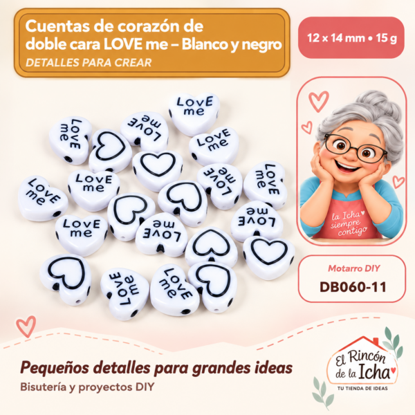 Cuentas de corazón de doble cara LOVE me – Blanco y negro – 12 × 14 mm – 15 g