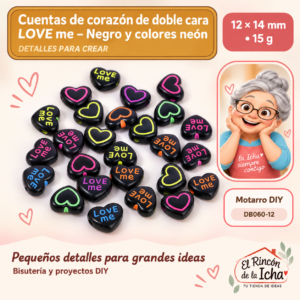 DB060-12 Cuentas de corazón de doble cara LOVE me – Negro y colores neón – 12 × 14 mm – 15 g