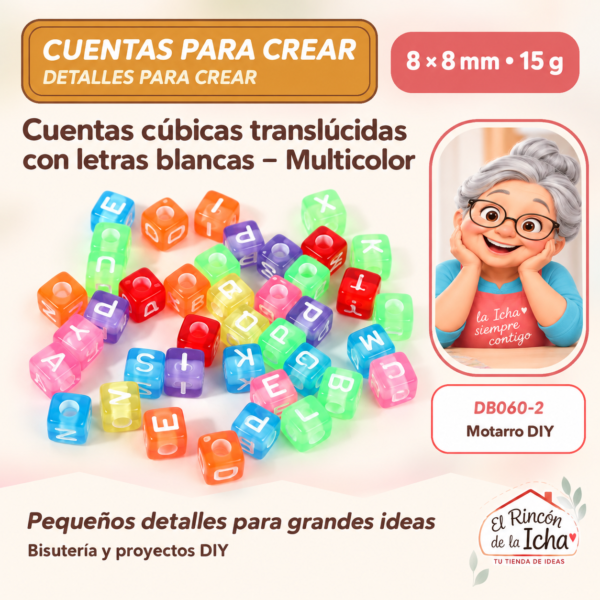 Cuentas cúbicas translúcidas con letras blancas – Multicolor – 8 × 8 mm – 15 g
