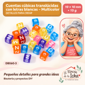 DB060-3 Cuentas cúbicas translúcidas con letras blancas – Multicolor – 10 × 10 mm – 15 g
