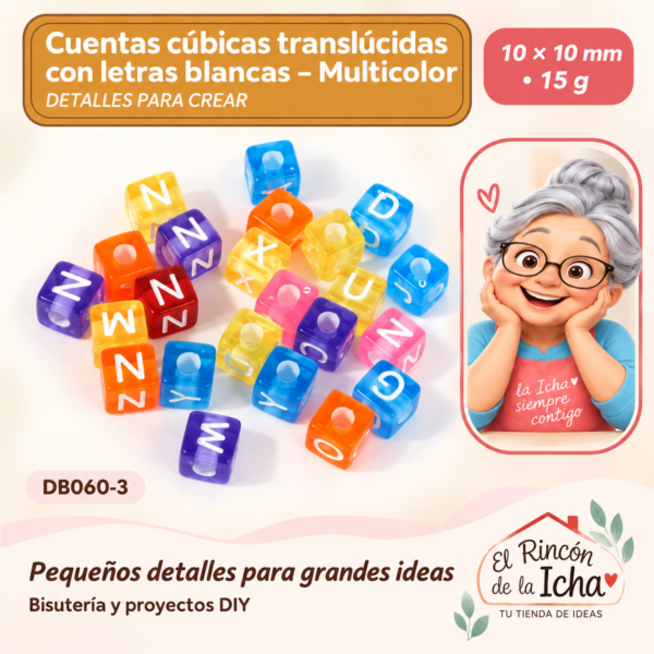 Cuentas cúbicas translúcidas con letras blancas – Multicolor – 10 × 10 mm – 15 g