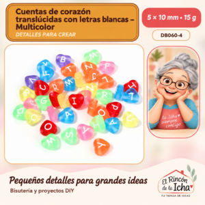 DB060-4 Cuentas de corazón translúcidas con letras blancas – Multicolor – 5 × 10 mm – 15 g