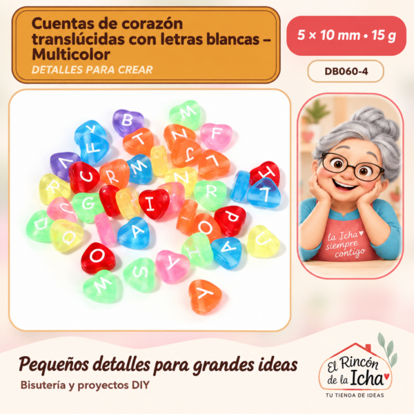 Cuentas de corazón translúcidas con letras blancas – Multicolor – 5 × 10 mm – 15 g