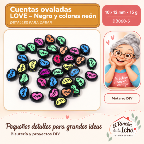 Cuentas ovaladas LOVE – Negro y colores neón – 10 × 12 mm – 15 g