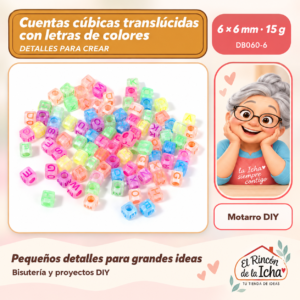 DB060-6 Cuentas cúbicas translúcidas con letras de colores – 6 × 6 mm – 15 g