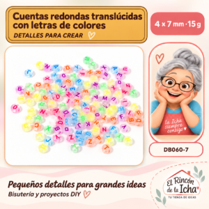 DB060-7 Cuentas redondas translúcidas con letras de colores – 4 × 7 mm – 15 g