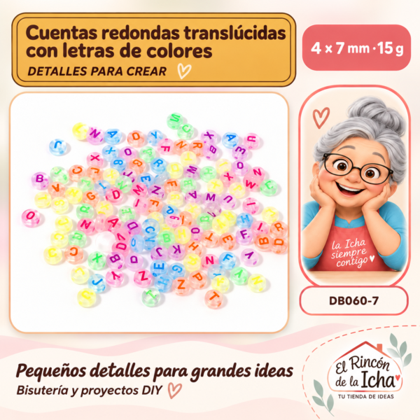 Cuentas redondas translúcidas con letras de colores – 4 × 7 mm – 15 g