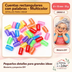 DB060-8 Cuentas rectangulares con palabras – Multicolor – 8 × 15 mm – 15 g