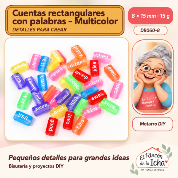Cuentas rectangulares con palabras – Multicolor – 8 × 15 mm – 15 g