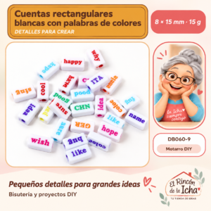 DB060-9 Cuentas rectangulares blancas con palabras de colores – 8 × 15 mm – 15 g