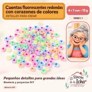 DB061-1 Cuentas fluorescentes redondas con corazones de colores – 4 × 7 mm – 15 g