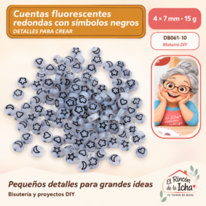 DB061-10 Cuentas fluorescentes redondas con símbolos negros – 4 × 7 mm – 15 g