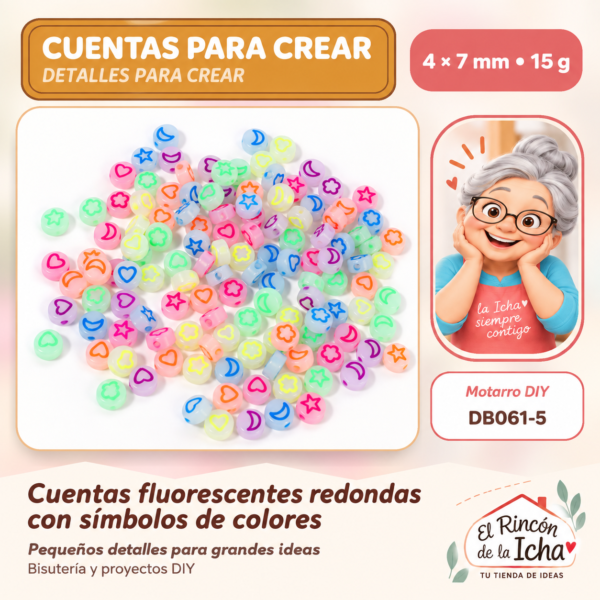 Cuentas fluorescentes redondas con símbolos de colores – 4 × 7 mm – 15 g
