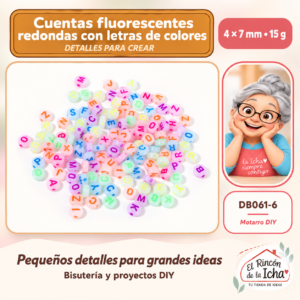 DB061-6 Cuentas fluorescentes redondas con letras de colores – 4 × 7 mm – 15 g