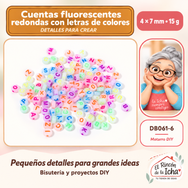 Cuentas fluorescentes redondas con letras de colores – 4 × 7 mm – 15 g