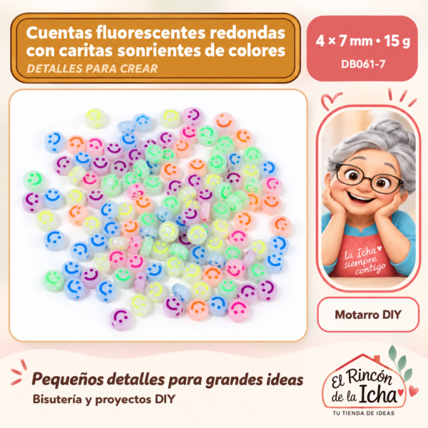 Cuentas fluorescentes redondas con caritas sonrientes de colores – 4 × 7 mm – 15 g