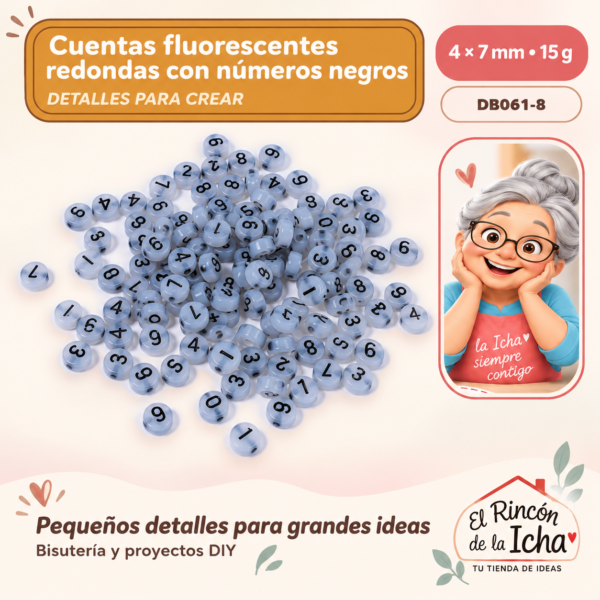 Cuentas fluorescentes redondas con números negros – 4 × 7 mm – 15 g