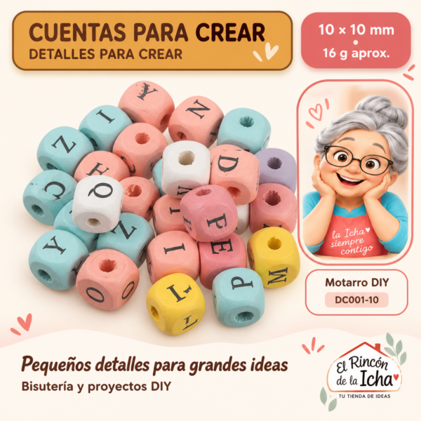 Cuentas de madera con letras negras – Multicolor pastel claro – 10 × 10 mm – 16 g aprox.