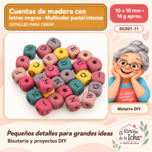DC001-11 Cuentas de madera con letras negras – Multicolor pastel intenso – 10 × 10 mm – 16 g aprox.