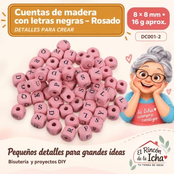 Cuentas de madera con letras negras – Rosado – 8 × 8 mm – 16 g aprox.