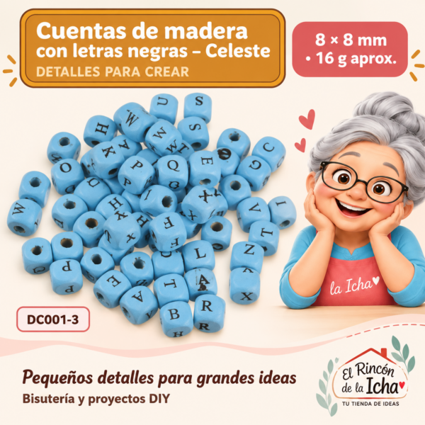Cuentas de madera con letras negras – Celeste – 8 × 8 mm – 16 g aprox.