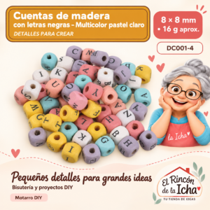 DC001-4 Cuentas de madera con letras negras – Multicolor pastel claro – 8 × 8 mm – 16 g aprox.