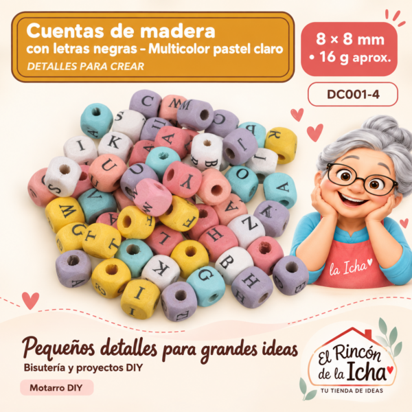 Cuentas de madera con letras negras – Multicolor pastel claro – 8 × 8 mm – 16 g aprox.