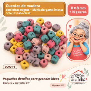DC001-5 Cuentas de madera con letras negras – Multicolor pastel intenso – 8 × 8 mm – 16 g aprox.
