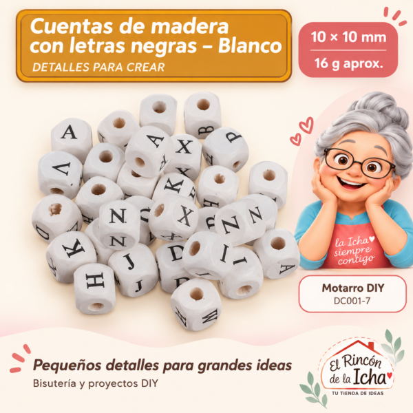 Cuentas de madera con letras negras – Blanco – 10 × 10 mm – 16 g aprox.
