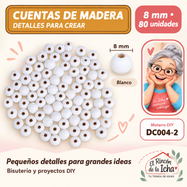 Cuentas redondas de madera – Blanco – 8 mm – 80 unidades