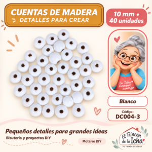 DC004-3 Cuentas redondas de madera – Blanco – 10 mm – 40 unidades