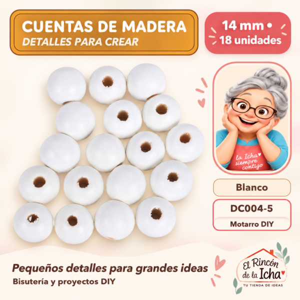 Cuentas redondas de madera – Blanco – 14 mm – 18 unidades