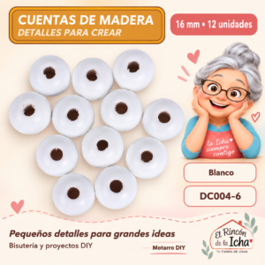 DC004-6 Cuentas redondas de madera – Blanco – 16 mm – 12 unidades