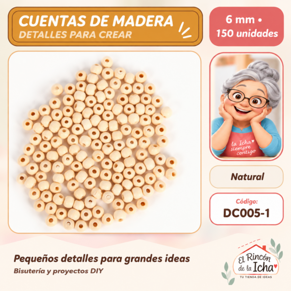 Cuentas redondas de madera – Natural – 6 mm – 150 unidades