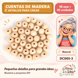 DC005-3 Cuentas redondas de madera – Natural – 10 mm – 40 unidades