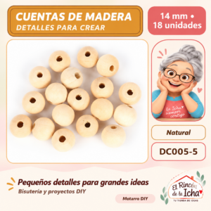 DC005-5 Cuentas redondas de madera – Natural – 14 mm – 18 unidades