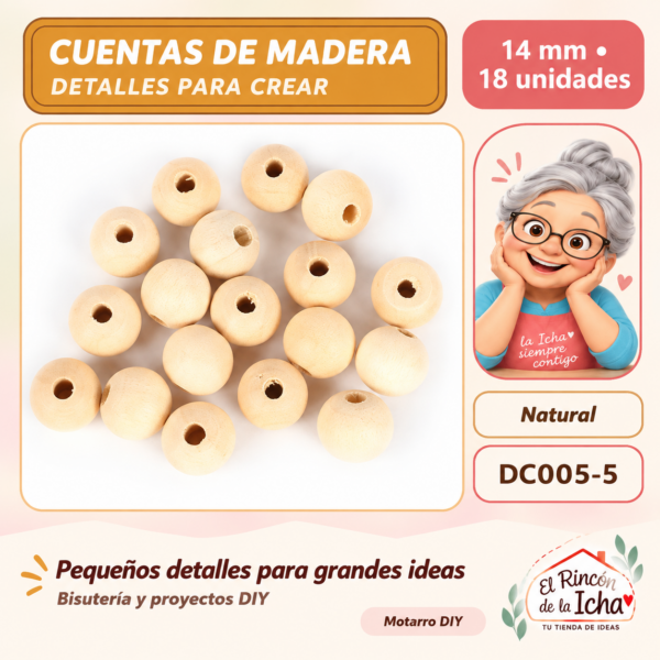 Cuentas redondas de madera – Natural – 14 mm – 18 unidades